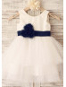 Cotton Polka Dots Tulle  with Navy Blue Flower Belt Flower Girl Dress